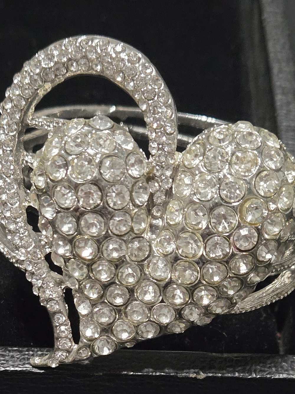 Vintage Silver Tone Heart Cuff Bracelet Hinged, Clear Pavé Rhinestone Crystal